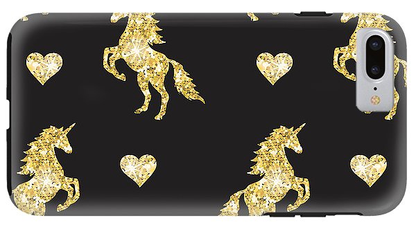 Vector seamless pattern of golden glitter unicorn silhouette isolated on black background - Phone Case