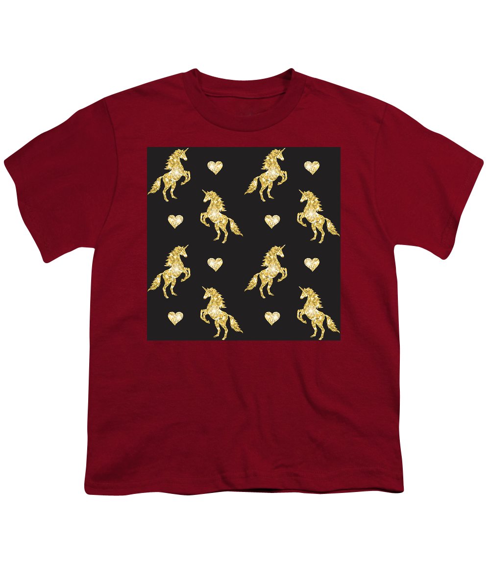 Vector seamless pattern of golden glitter unicorn silhouette isolated on black background - Youth T-Shirt