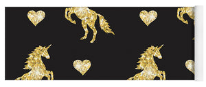 Vector seamless pattern of golden glitter unicorn silhouette isolated on black background - Yoga Mat