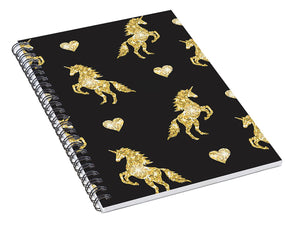 Vector seamless pattern of golden glitter unicorn silhouette isolated on black background - Spiral Notebook