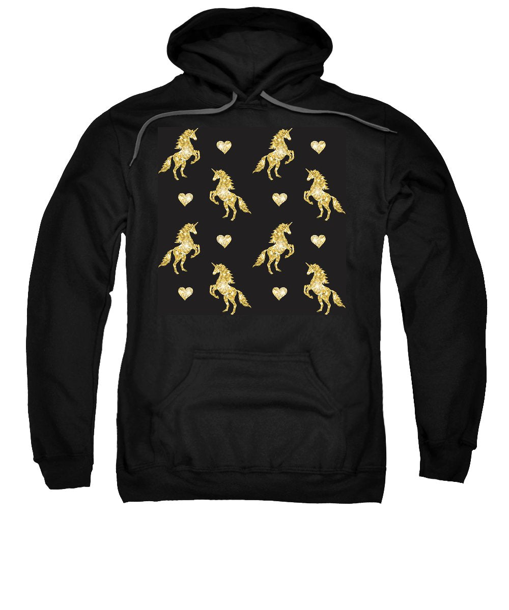 Vector seamless pattern of golden glitter unicorn silhouette isolated on black background - Sweatshirt