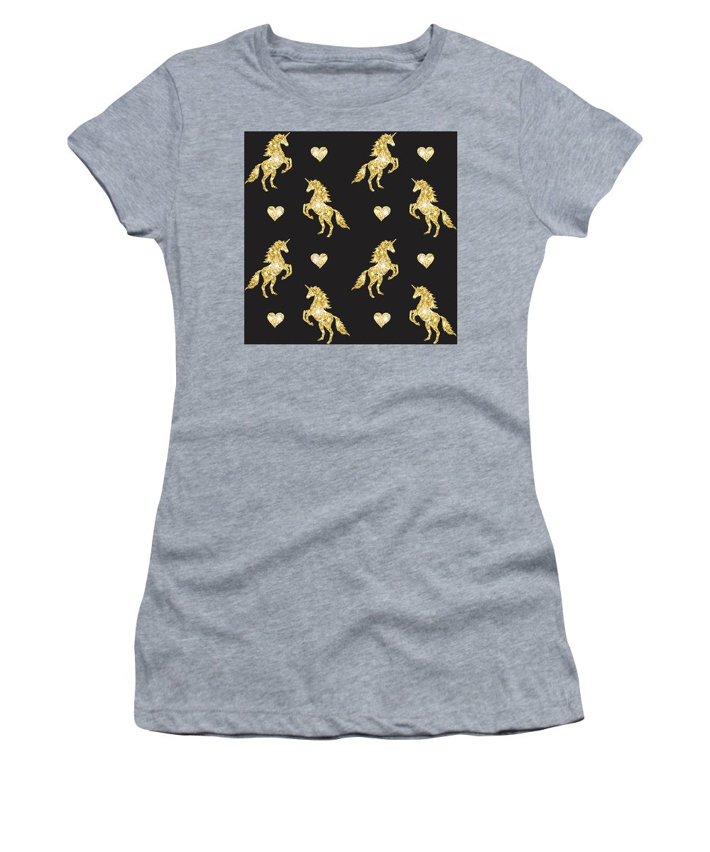 Vector seamless pattern of golden glitter unicorn silhouette isolated on black background - Women's T-Shirt