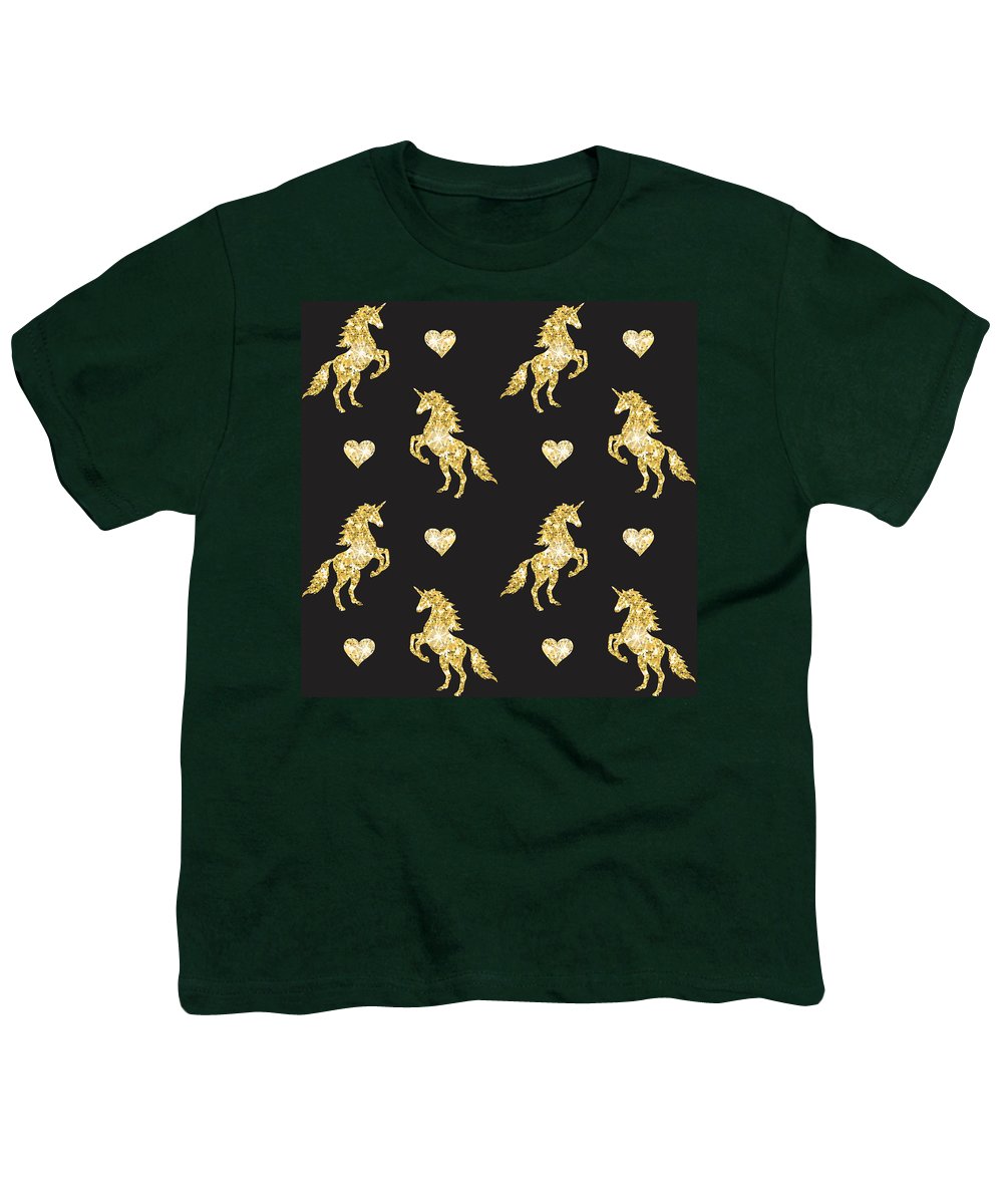 Vector seamless pattern of golden glitter unicorn silhouette isolated on black background - Youth T-Shirt