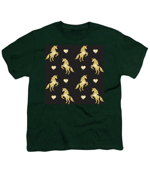Vector seamless pattern of golden glitter unicorn silhouette isolated on black background - Youth T-Shirt