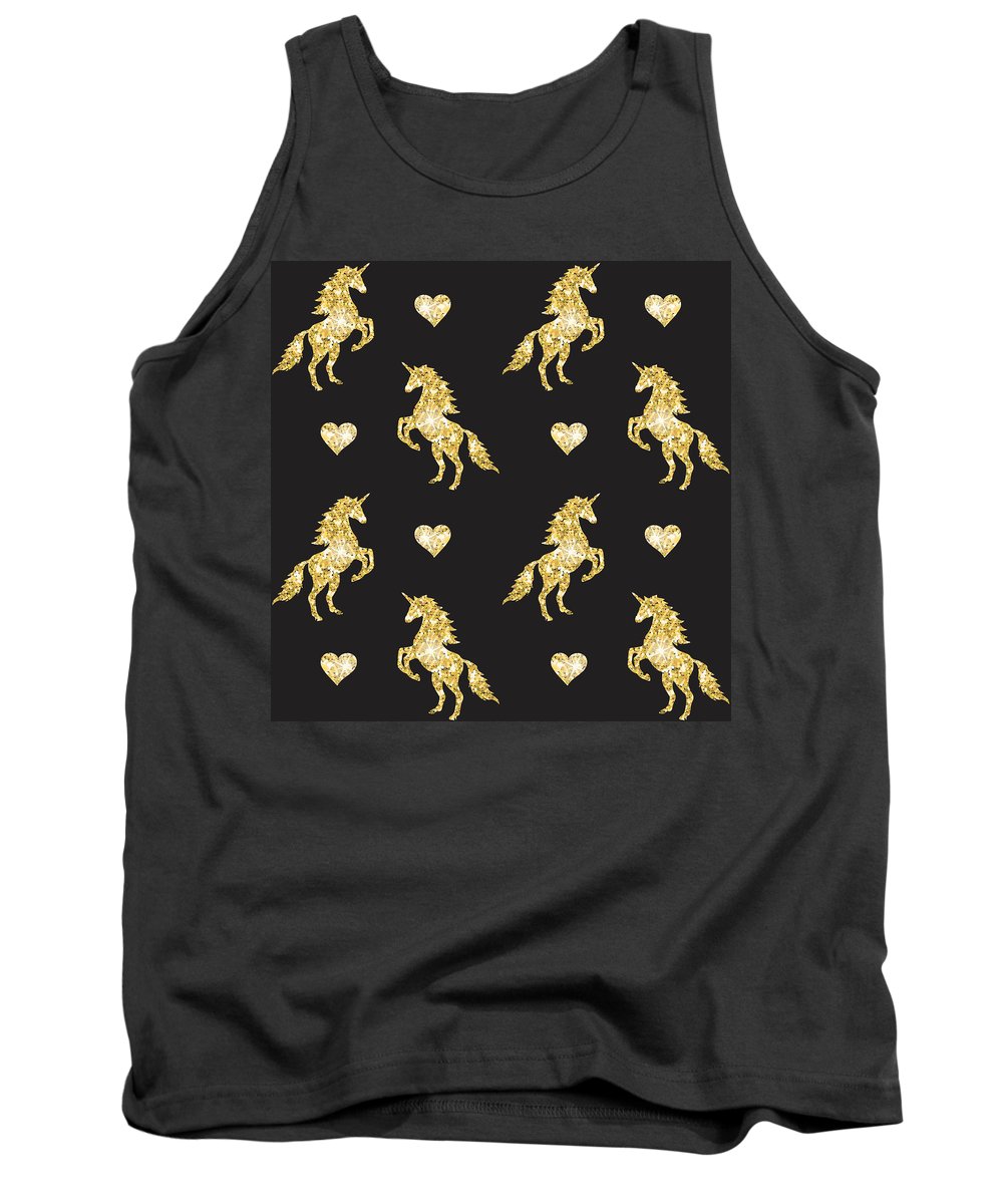 Vector seamless pattern of golden glitter unicorn silhouette isolated on black background - Tank Top
