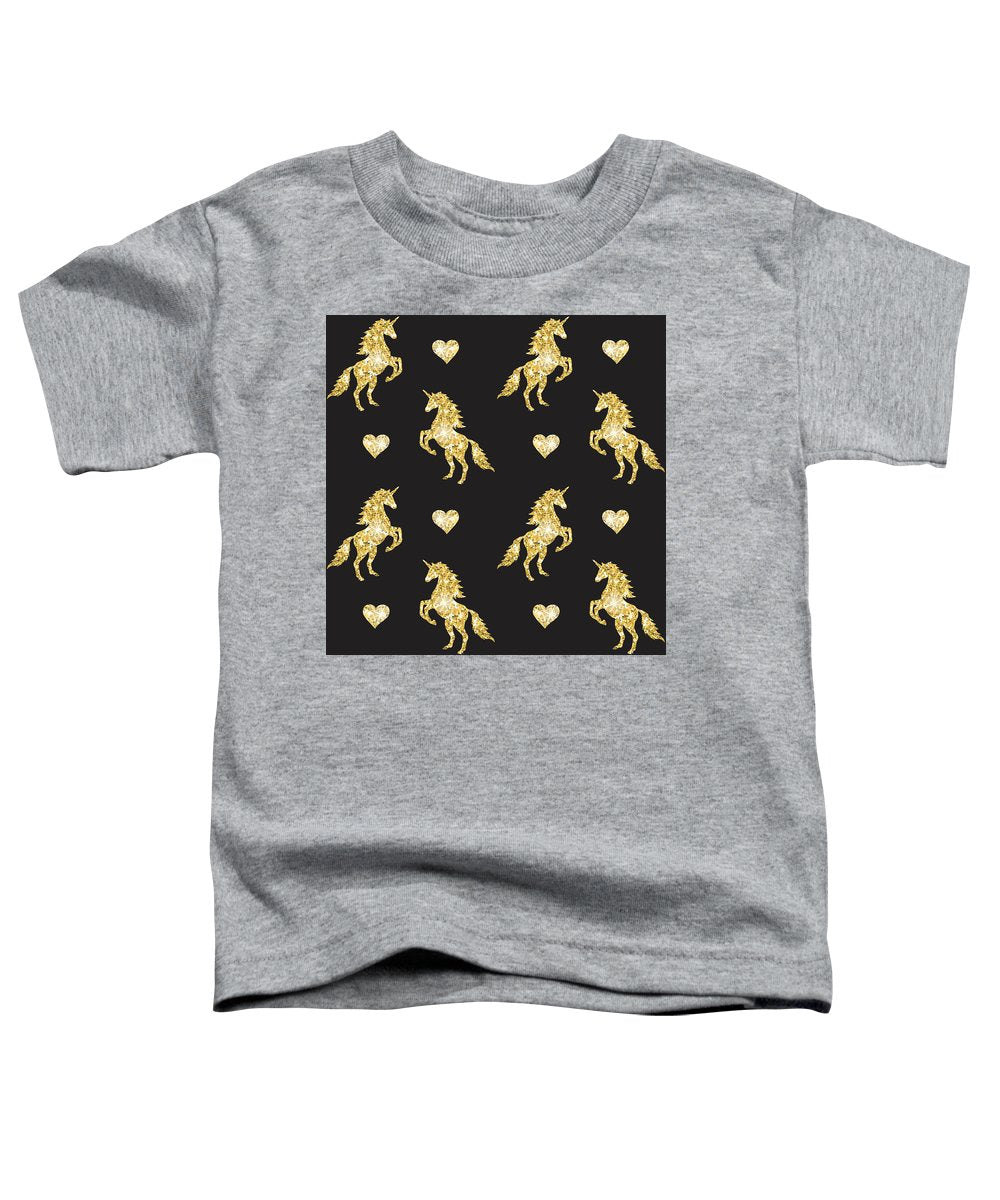 Vector seamless pattern of golden glitter unicorn silhouette isolated on black background - Toddler T-Shirt
