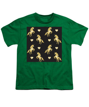 Vector seamless pattern of golden glitter unicorn silhouette isolated on black background - Youth T-Shirt