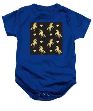 Vector seamless pattern of golden glitter unicorn silhouette isolated on black background - Baby Onesie