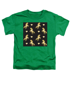 Vector seamless pattern of golden glitter unicorn silhouette isolated on black background - Toddler T-Shirt