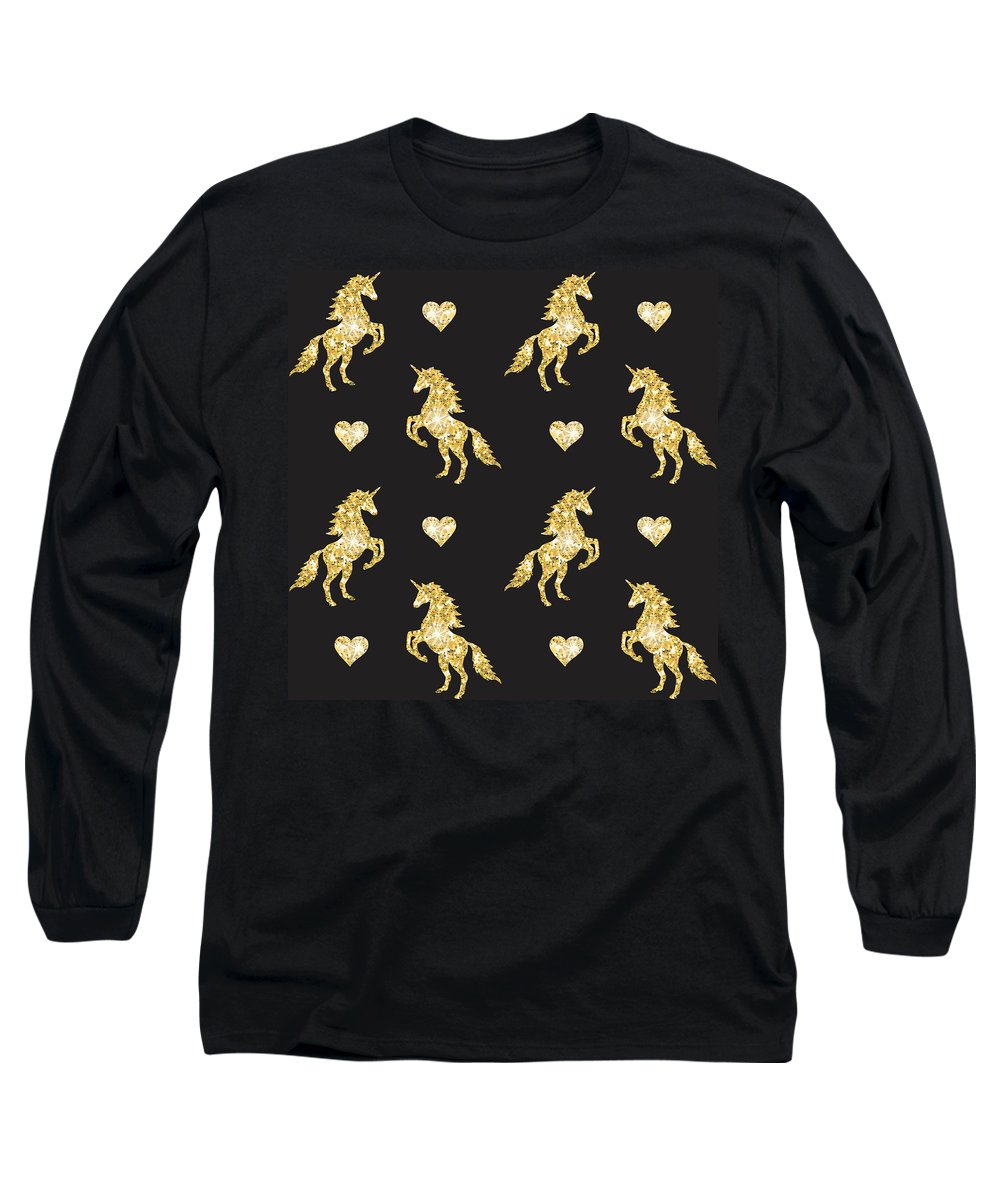 Vector seamless pattern of golden glitter unicorn silhouette isolated on black background - Long Sleeve T-Shirt