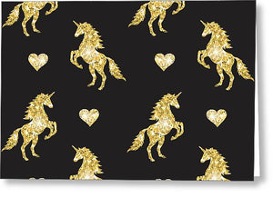 Vector seamless pattern of golden glitter unicorn silhouette isolated on black background - Greeting Card