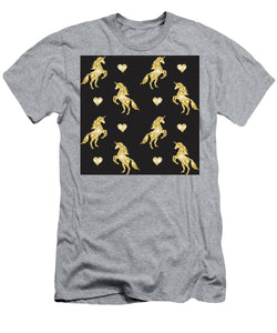 Vector seamless pattern of golden glitter unicorn silhouette isolated on black background - T-Shirt