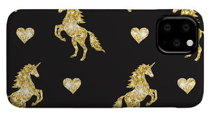 Vector seamless pattern of golden glitter unicorn silhouette isolated on black background - Phone Case