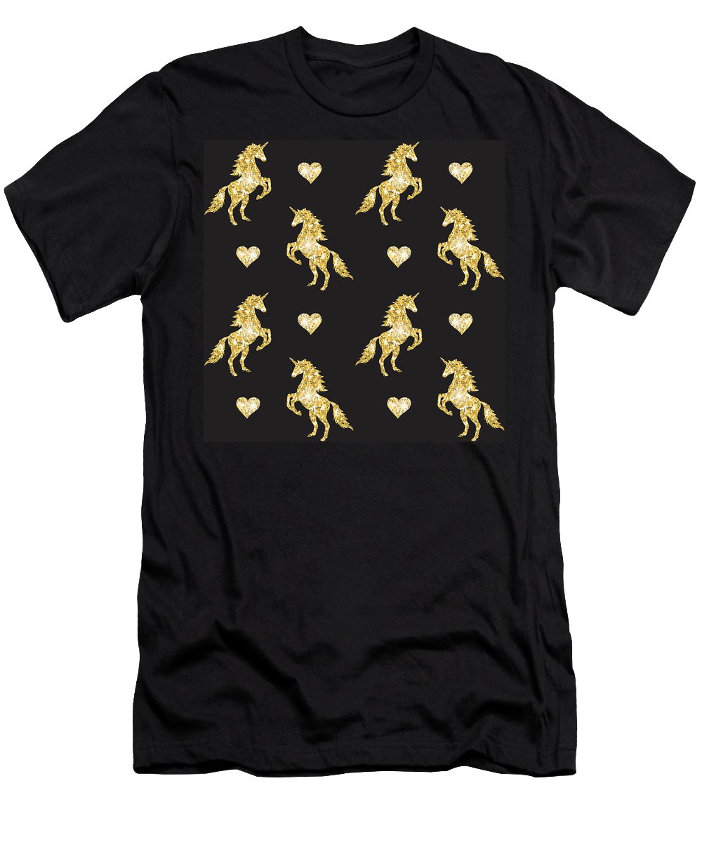 Vector seamless pattern of golden glitter unicorn silhouette isolated on black background - T-Shirt