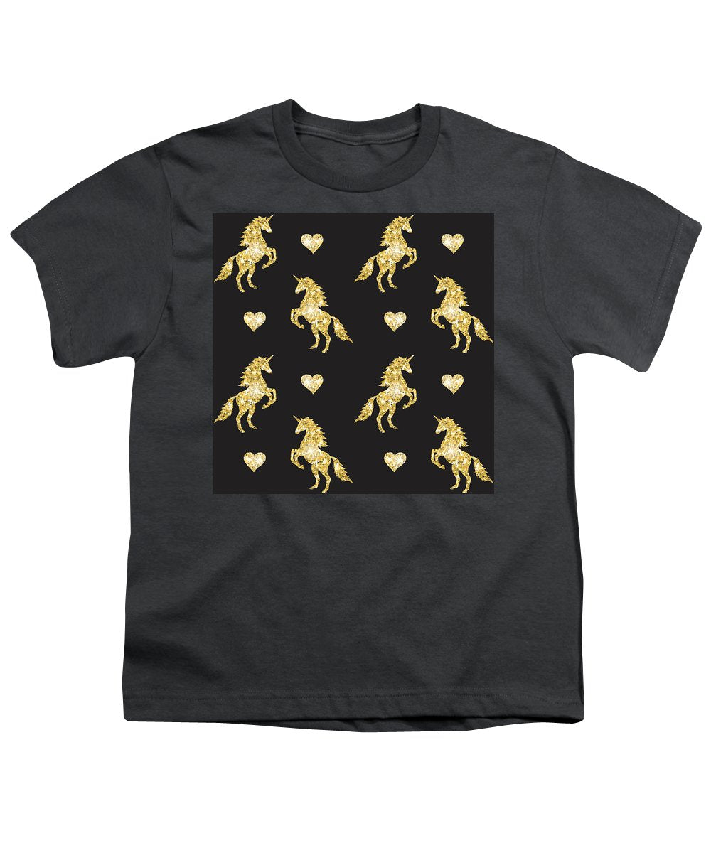 Vector seamless pattern of golden glitter unicorn silhouette isolated on black background - Youth T-Shirt