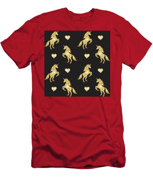 Vector seamless pattern of golden glitter unicorn silhouette isolated on black background - T-Shirt