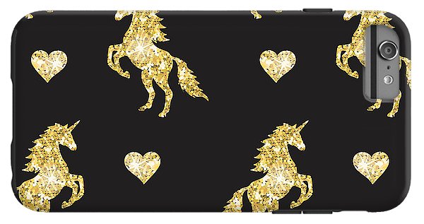 Vector seamless pattern of golden glitter unicorn silhouette isolated on black background - Phone Case
