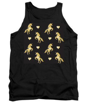 Vector seamless pattern of golden glitter unicorn silhouette isolated on black background - Tank Top