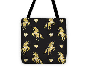 Vector seamless pattern of golden glitter unicorn silhouette isolated on black background - Tote Bag