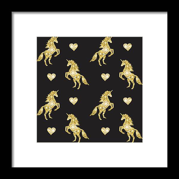 Vector seamless pattern of golden glitter unicorn silhouette isolated on black background - Framed Print