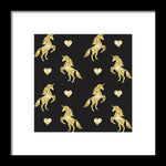 Vector seamless pattern of golden glitter unicorn silhouette isolated on black background - Framed Print