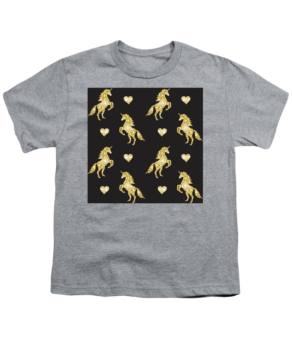 Vector seamless pattern of golden glitter unicorn silhouette isolated on black background - Youth T-Shirt
