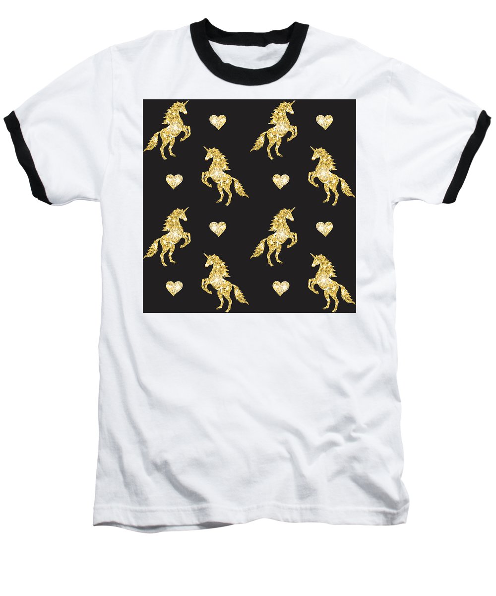 Vector seamless pattern of golden glitter unicorn silhouette isolated on black background - Baseball T-Shirt