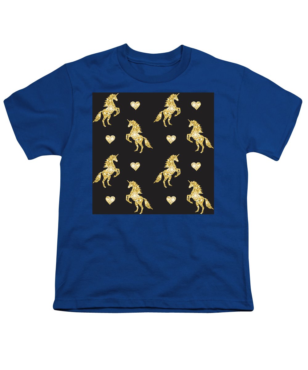 Vector seamless pattern of golden glitter unicorn silhouette isolated on black background - Youth T-Shirt