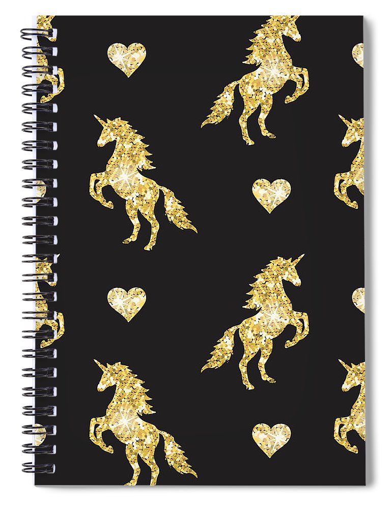 Vector seamless pattern of golden glitter unicorn silhouette isolated on black background - Spiral Notebook