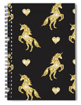 Vector seamless pattern of golden glitter unicorn silhouette isolated on black background - Spiral Notebook