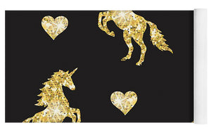 Vector seamless pattern of golden glitter unicorn silhouette isolated on black background - Yoga Mat