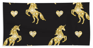 Vector seamless pattern of golden glitter unicorn silhouette isolated on black background - Bath Towel