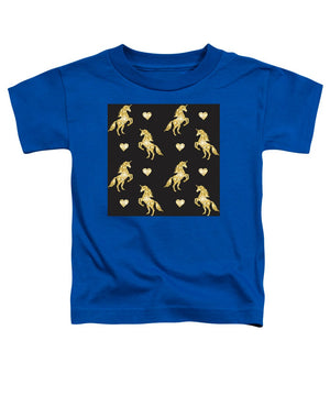 Vector seamless pattern of golden glitter unicorn silhouette isolated on black background - Toddler T-Shirt