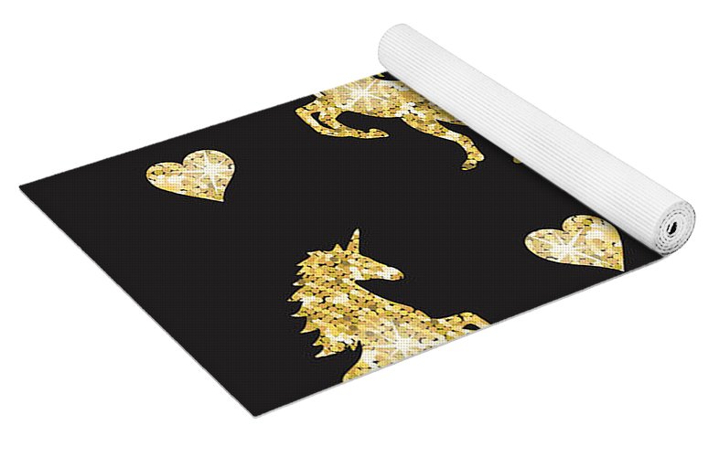 Vector seamless pattern of golden glitter unicorn silhouette isolated on black background - Yoga Mat