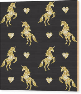 Vector seamless pattern of golden glitter unicorn silhouette isolated on black background - Wood Print