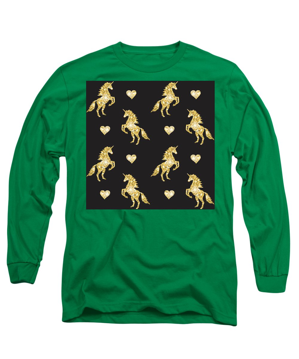Vector seamless pattern of golden glitter unicorn silhouette isolated on black background - Long Sleeve T-Shirt