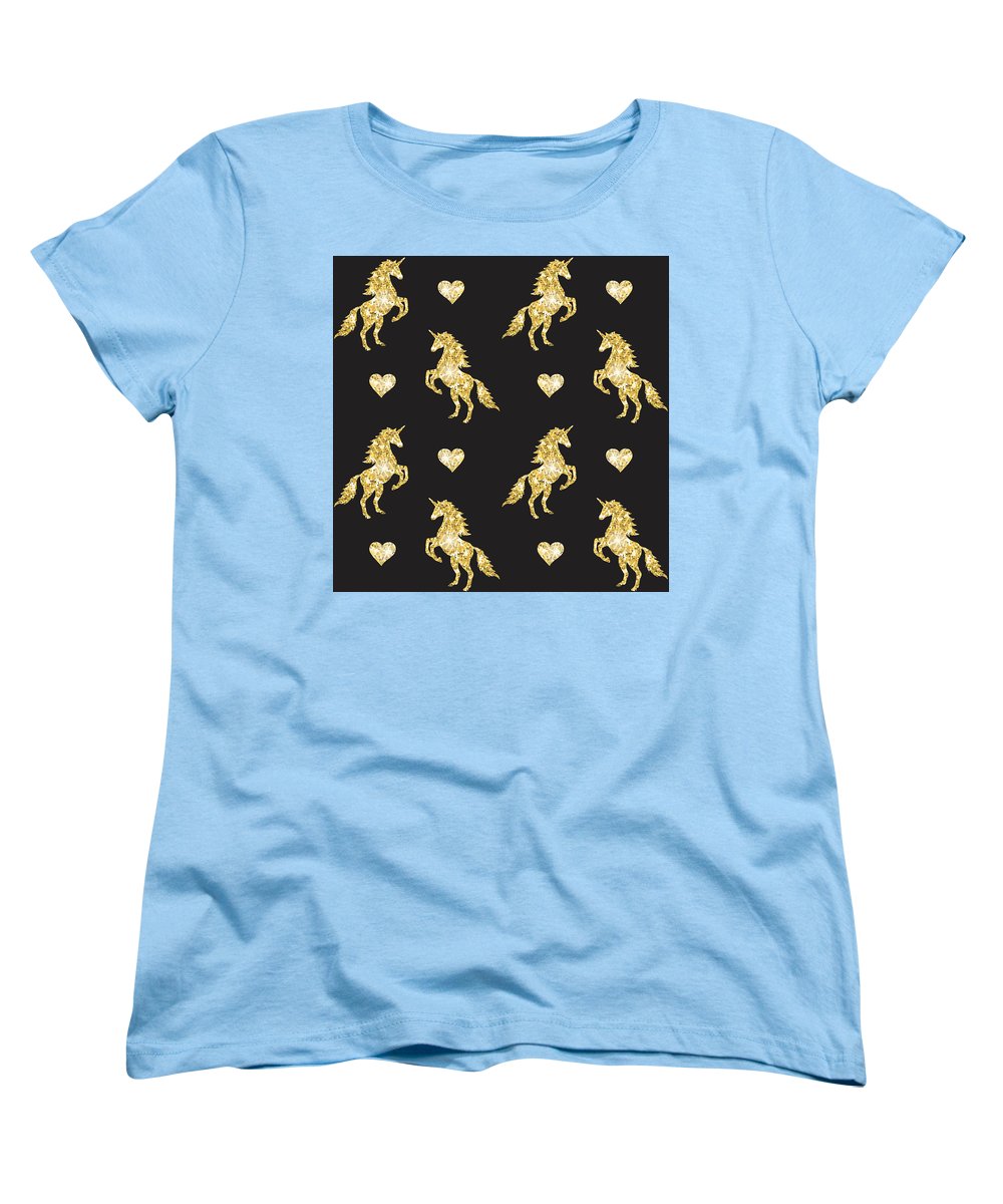 Vector seamless pattern of golden glitter unicorn silhouette isolated on black background - Women's T-Shirt (Standard Fit)