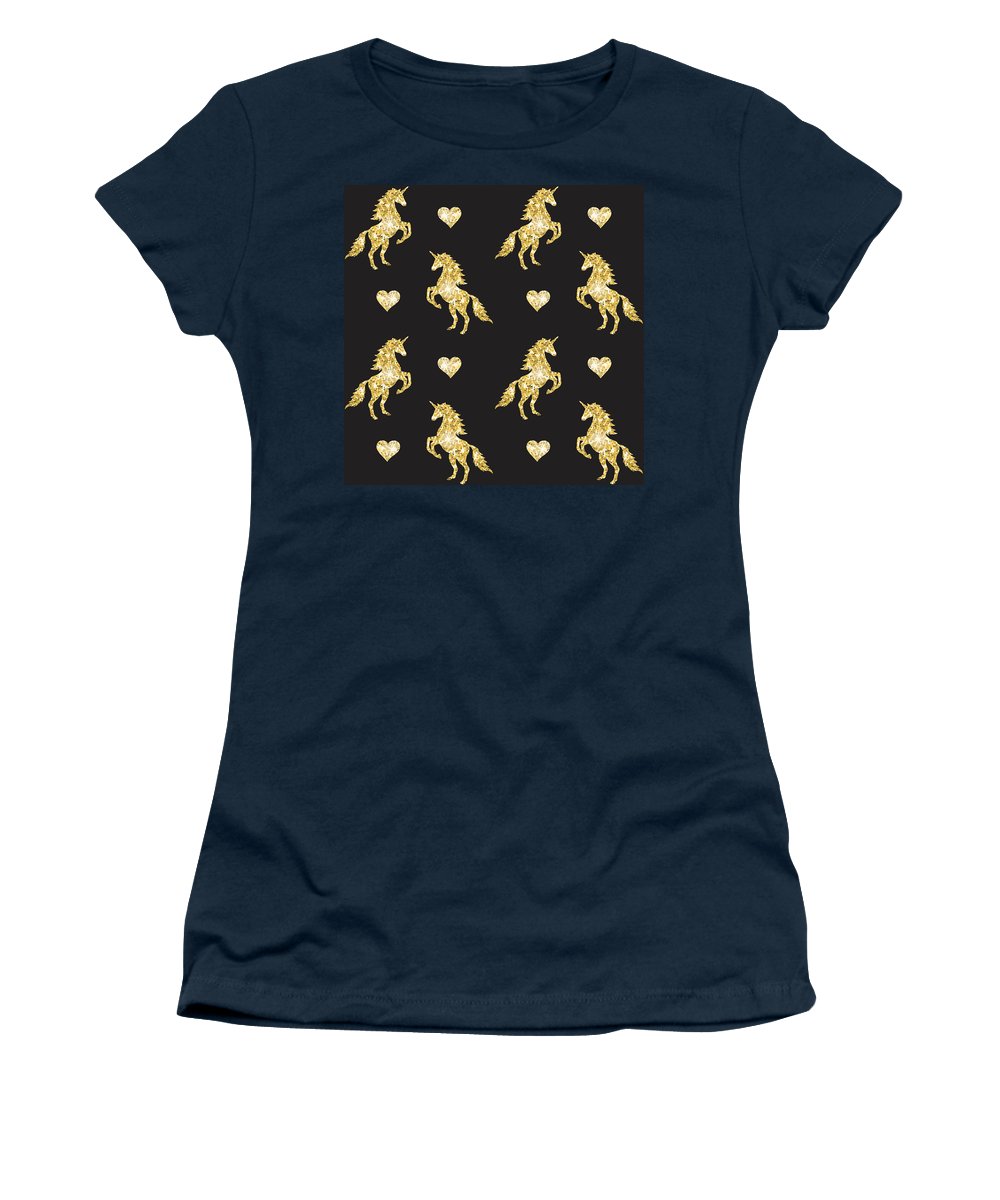 Vector seamless pattern of golden glitter unicorn silhouette isolated on black background - Women's T-Shirt