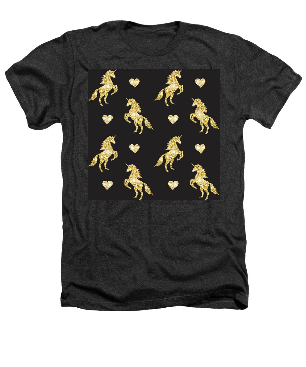 Vector seamless pattern of golden glitter unicorn silhouette isolated on black background - Heathers T-Shirt