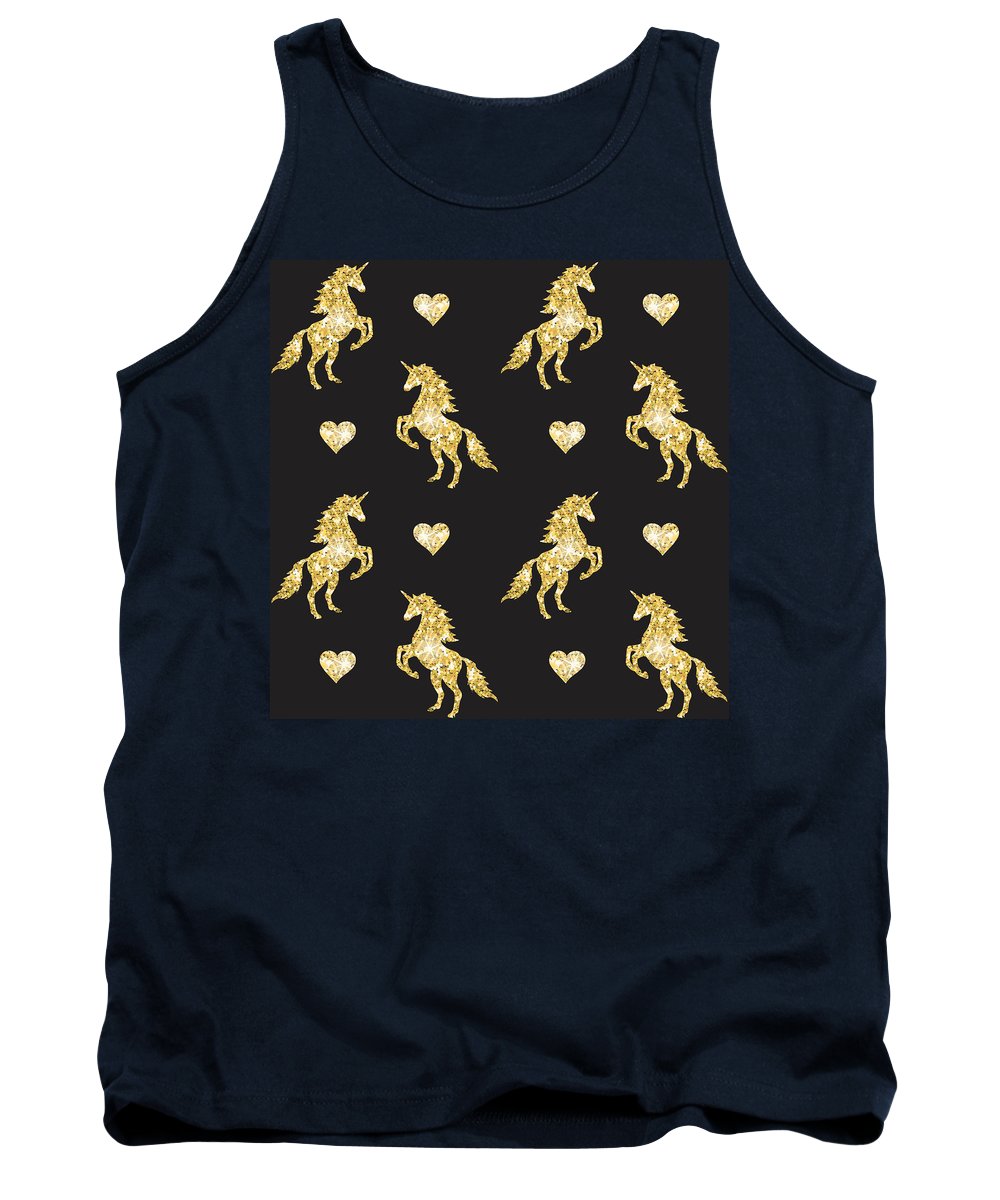 Vector seamless pattern of golden glitter unicorn silhouette isolated on black background - Tank Top