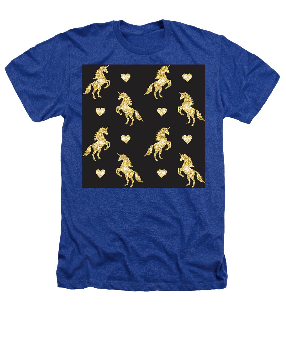 Vector seamless pattern of golden glitter unicorn silhouette isolated on black background - Heathers T-Shirt