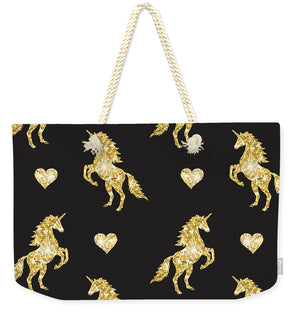 Vector seamless pattern of golden glitter unicorn silhouette isolated on black background - Weekender Tote Bag