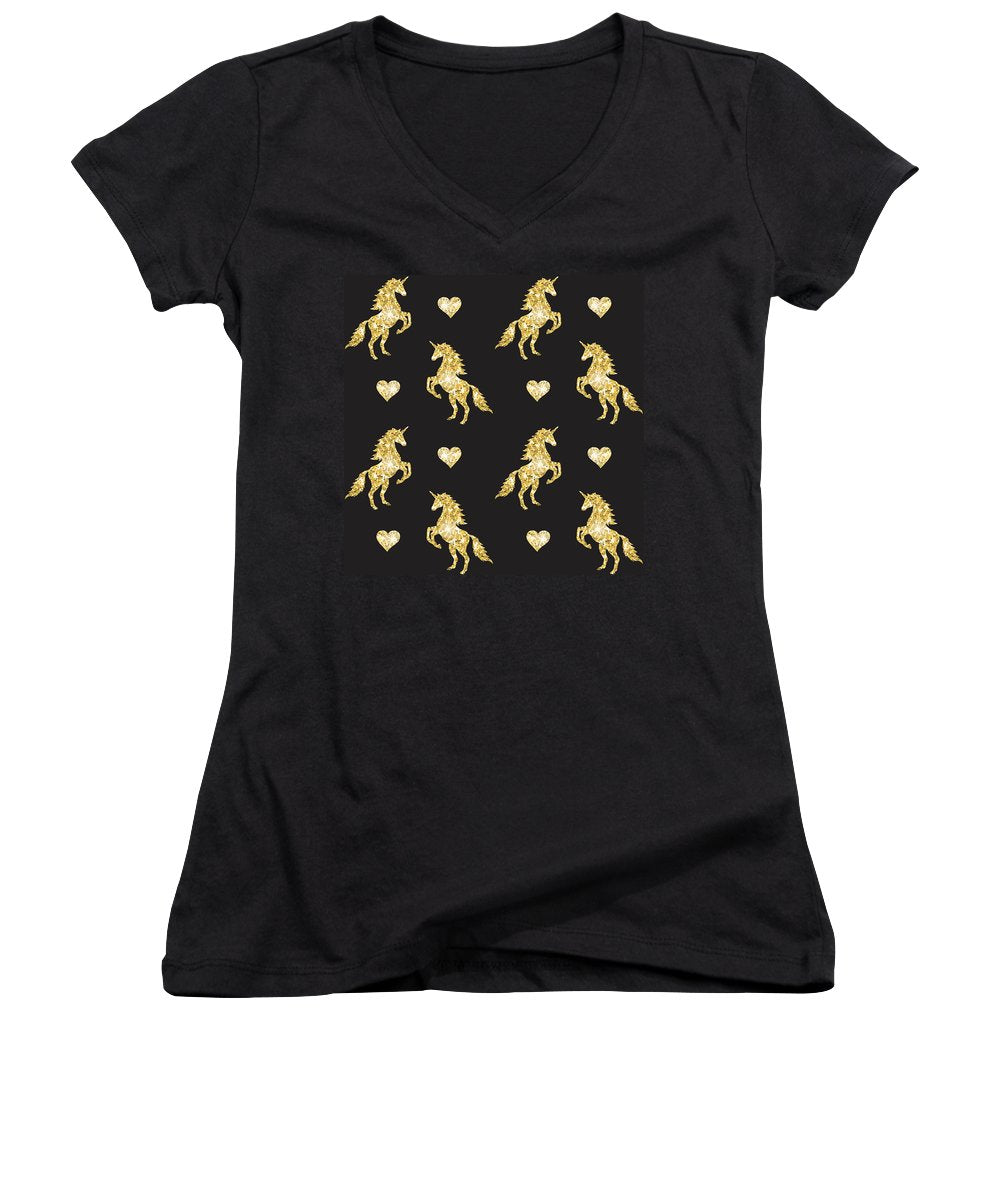 Vector seamless pattern of golden glitter unicorn silhouette isolated on black background - Women's V-Neck