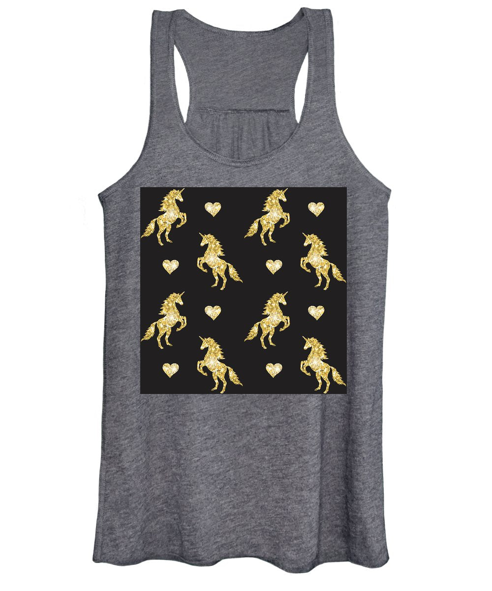 Vector seamless pattern of golden glitter unicorn silhouette isolated on black background - Women's Tank Top