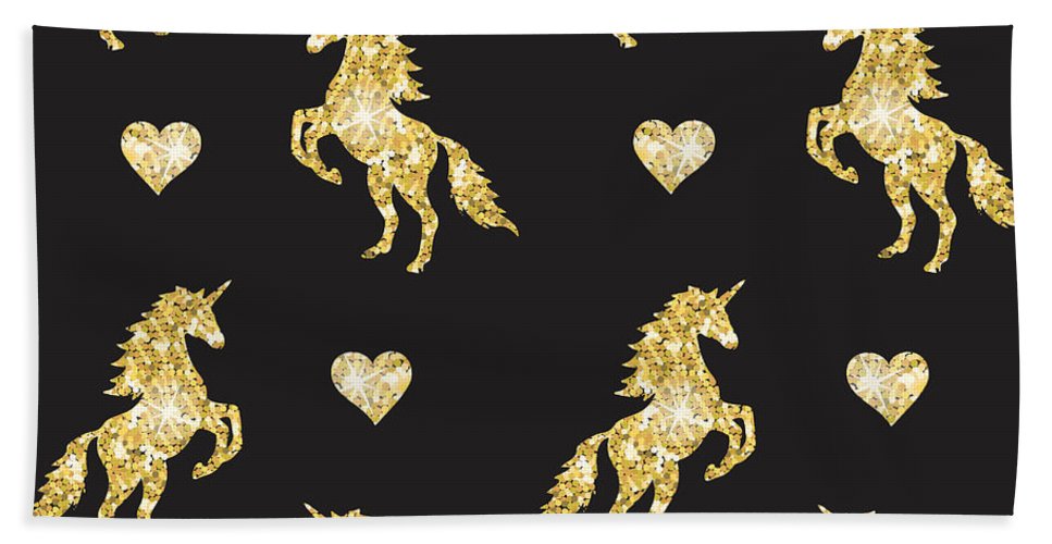 Vector seamless pattern of golden glitter unicorn silhouette isolated on black background - Beach Towel