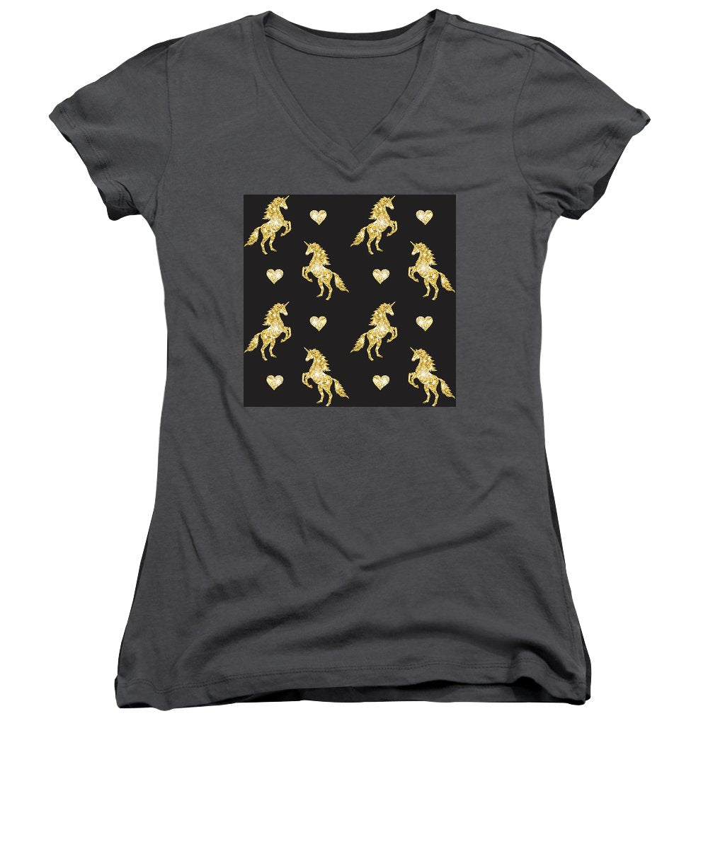 Vector seamless pattern of golden glitter unicorn silhouette isolated on black background - Women's V-Neck