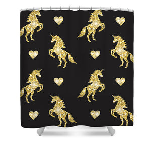 Vector seamless pattern of golden glitter unicorn silhouette isolated on black background - Shower Curtain