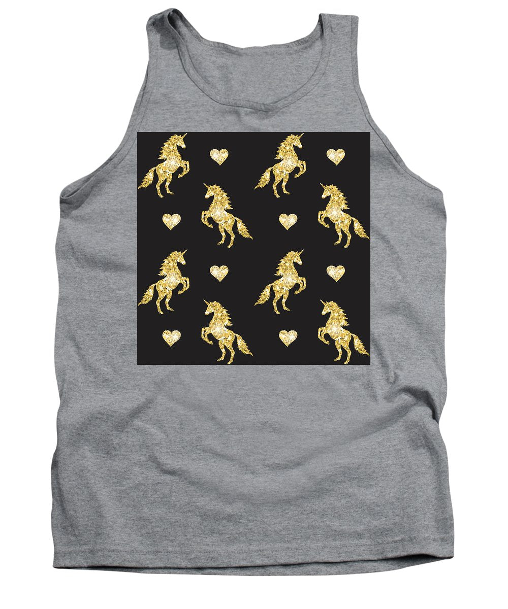 Vector seamless pattern of golden glitter unicorn silhouette isolated on black background - Tank Top