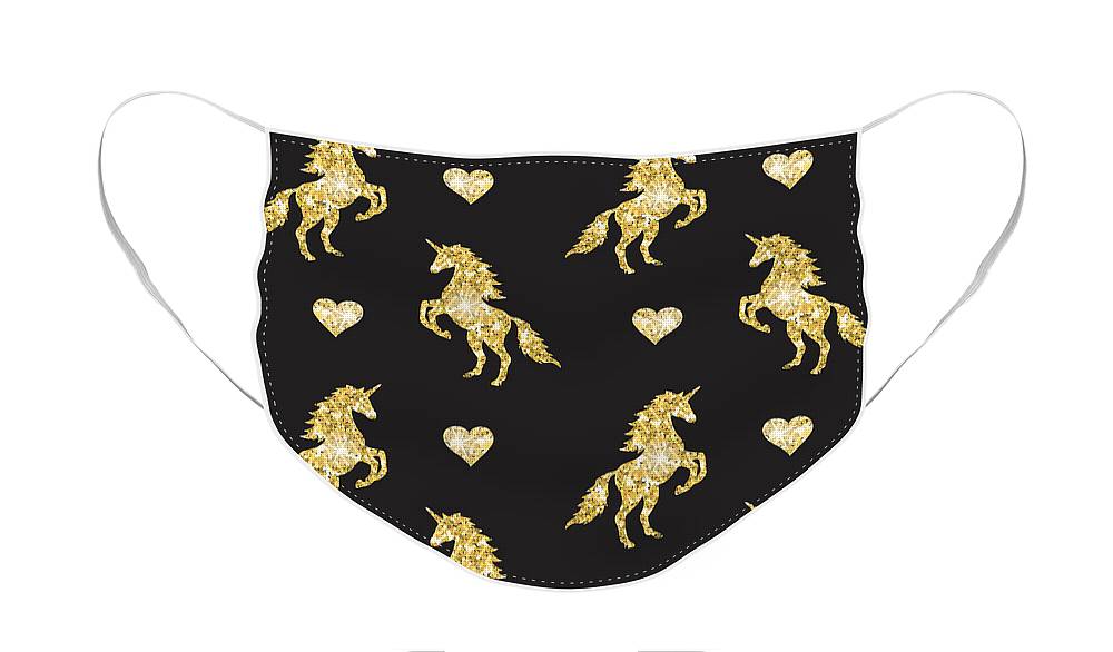 Vector seamless pattern of golden glitter unicorn silhouette isolated on black background - Face Mask