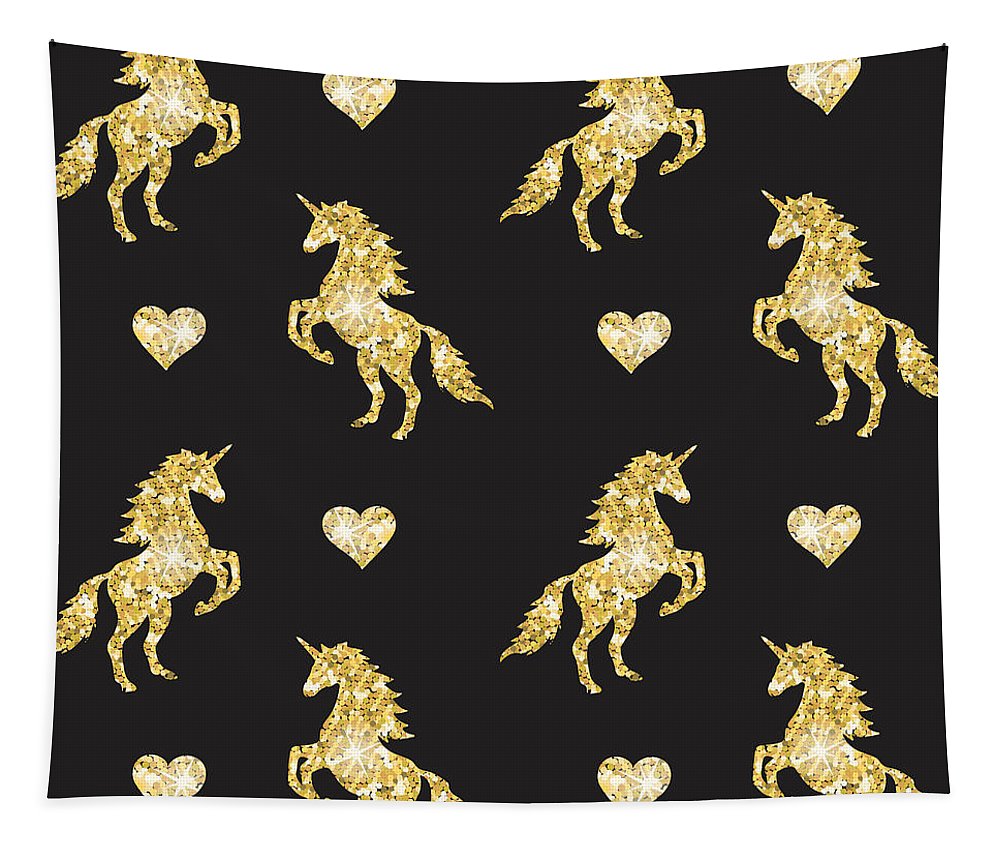 Vector seamless pattern of golden glitter unicorn silhouette isolated on black background - Tapestry